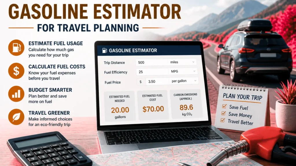 Gasoline estimator for travel planning showing fuel cost and usage calculation
